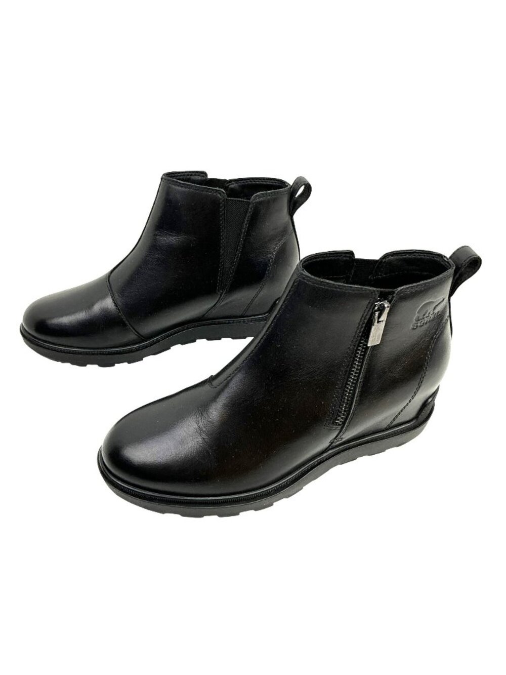 New Sorel Chelsea Leather Ankle Wedge Zip Boots Womens 7.5 Black NL5025